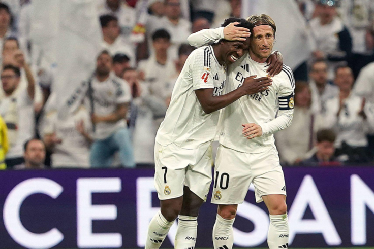 REAL MADRID v GIRONA FC. LA LIGA 2024 2025. ROUND 25. Real Madrid s Vinicius Junior (l) and Luka Modric celebrate goal during La Liga match. February 23, 2025. (ALTERPHOTOS Acero)