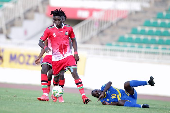Richard Odada in action for Harambee Stars in a previous encounter against Rwanda.