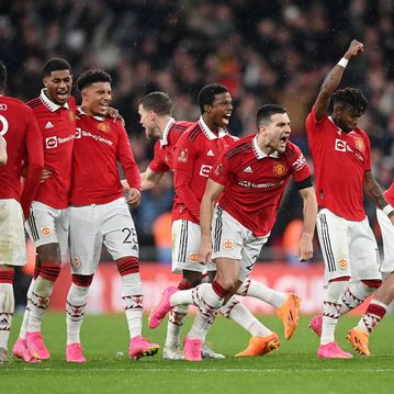 Manchester United defeat Brighton on penalties to book Wembley final against Man City