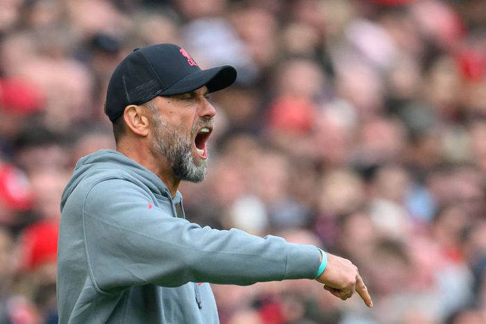 Jurgen Klopp gestures during Liverpool match against Nottingham Forest.