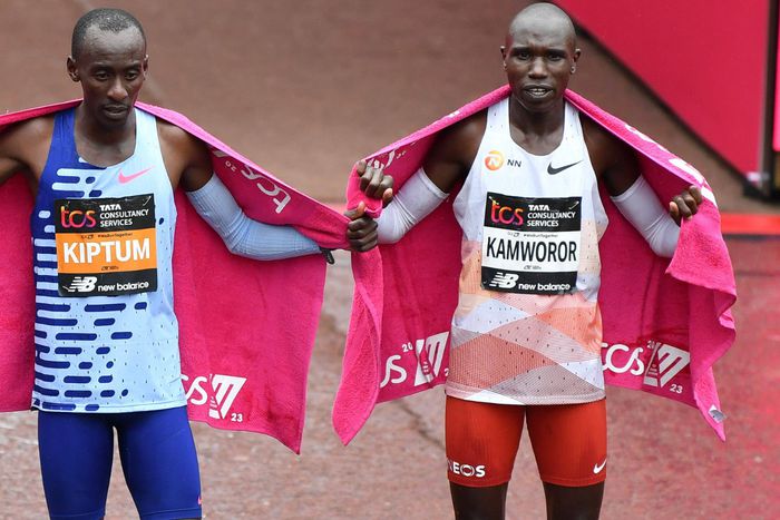 Kelvin Kiptum and Geoffrey Kamworor after winning 2023 London marathon.