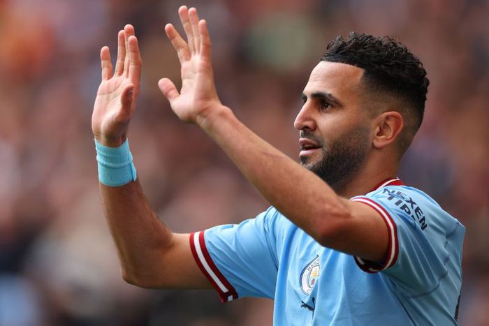 Riyad Mahrez celebrates FA Cup goal for Manchester City.