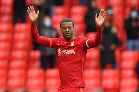 Waving goodbye: Georginio Wijnaldum played his final game for Liverpool in Sunday's 2-0 win over Crystal Palace