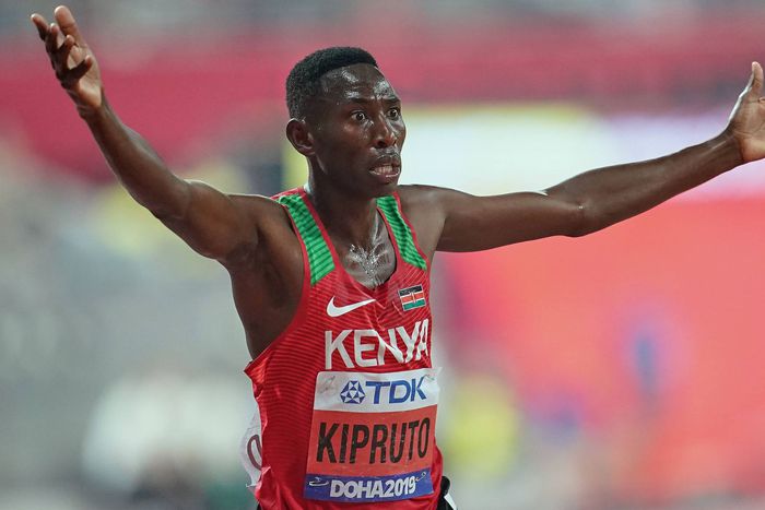 Conseslus Kipruto wins gold in the 3000 meter steeple chase for men during the 17th IAAF World Athletics Championships at the Khalifa Stadium in Doha, Qatar.
