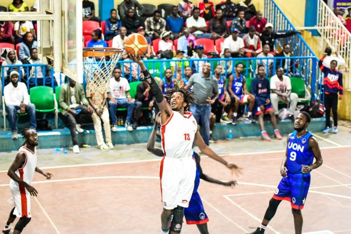 Equity Dumas' Faheem Juma scores during their match against UON