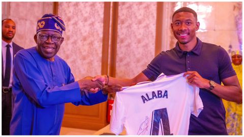 David Alaba gifts President Tinubu Real Madrid jersey in Paris