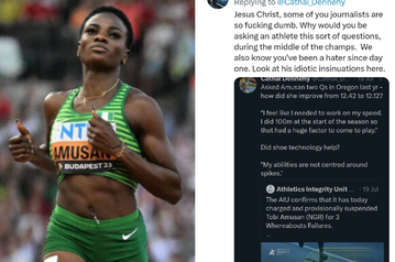 Nigerians blast Oyinbo journalist who tried to bully Tobi Amusan with ADRV questions