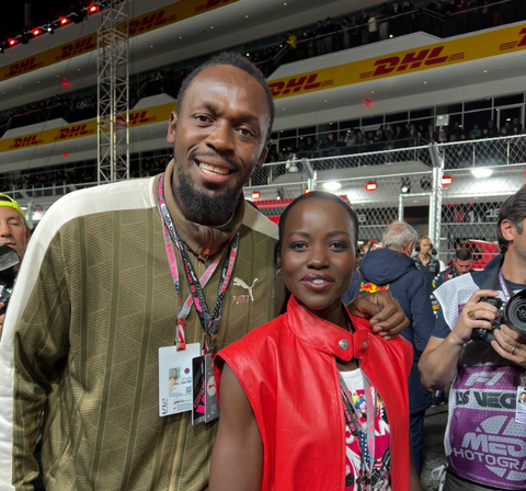 Jamaican sprint legend Usain Bolt all smiles during meet up with Lupita Nyong’o