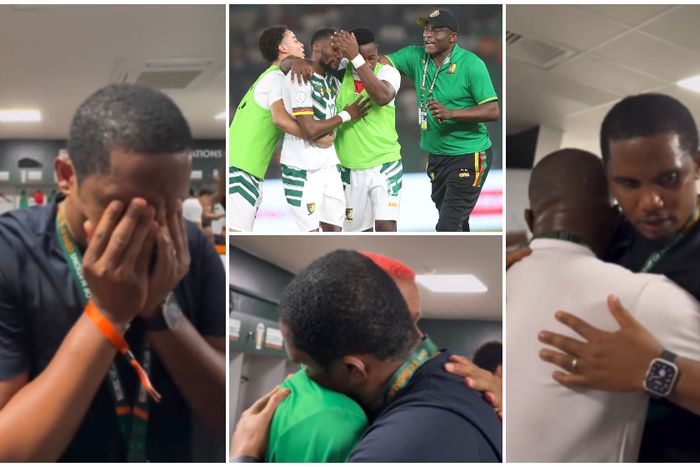 Samuel Eto'o with Cameroon's Indomitable Lions in the dressing room.