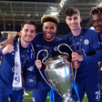 Chelsea s Ben Chilwell, Reece James, Kai Havertz and Tammy Abraham with the trophy following the UEFA Champions League final Monday August 2, 2021 Image credit: Imago