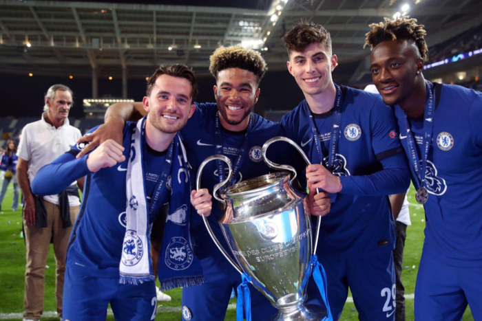 Chelsea s Ben Chilwell, Reece James, Kai Havertz and Tammy Abraham with the trophy following the UEFA Champions League final Monday August 2, 2021 Image credit: Imago