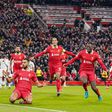 forward Cody Gakpo (18) scores a GOAL 2-0 and celebrates with Liverpool defender Ibrahima Konate (5) and Liverpool defender Virgil van Dijk (4) Liverpool forward Mohamed Salah (11) during the Liverpool FC v Real Madrid CF|| Image credit: Imago