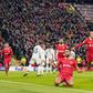forward Cody Gakpo (18) scores a GOAL 2-0 and celebrates with Liverpool defender Ibrahima Konate (5) and Liverpool defender Virgil van Dijk (4) Liverpool forward Mohamed Salah (11) during the Liverpool FC v Real Madrid CF|| Image credit: Imago