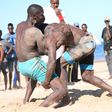 Wrestlers in action at the Kenya Beach Games