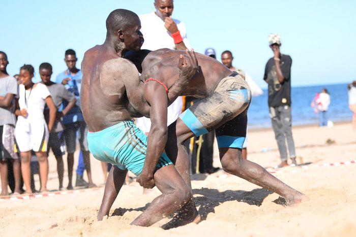 Wrestlers in action at the Kenya Beach Games