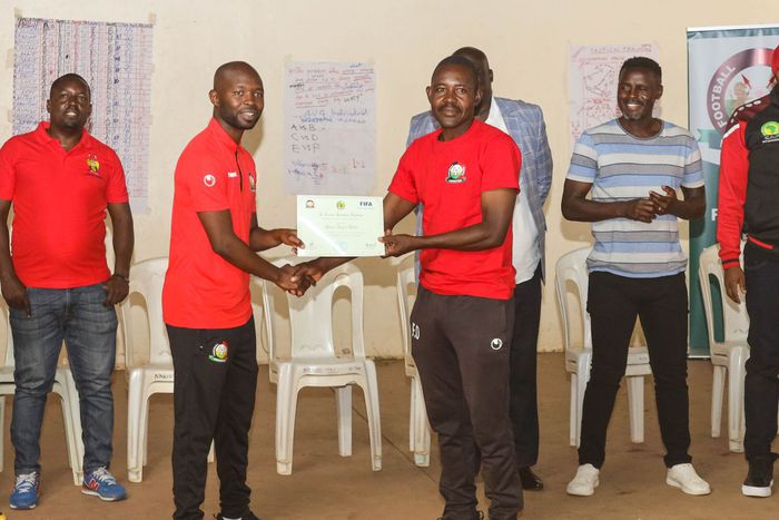 Former Harambee Stars Goalkeeper Francis Onyiso receiving his coaching badges.
