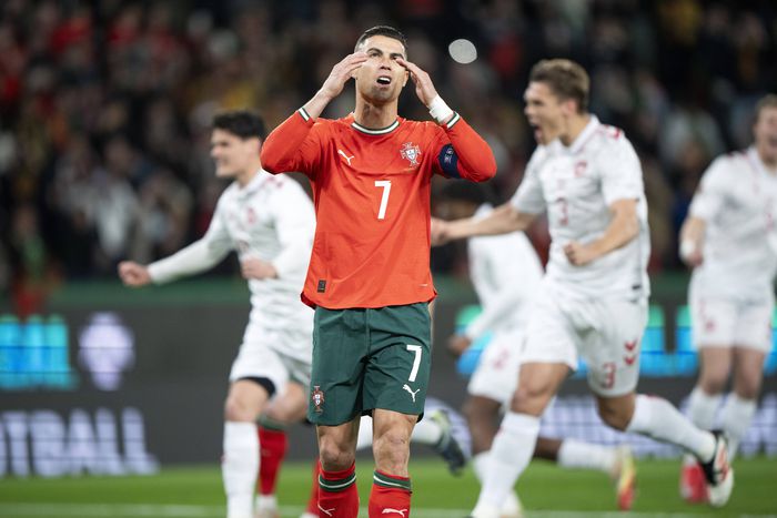 Cristiano Ronaldo after missing a penalty in the 6th minute in Portugal vs Denmark.