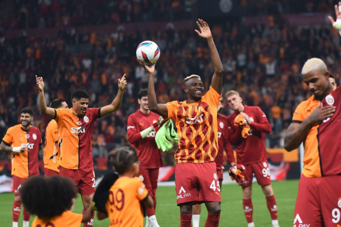 Victor Osimhen (45) of Galatasaray celebrates victory after the Turkish Super League match between Galatasaray and Antalyaspor at Rams Park Stadium on February 14, 2025 in Istanbul, Turkey. (Photo by SeskimPhoto )