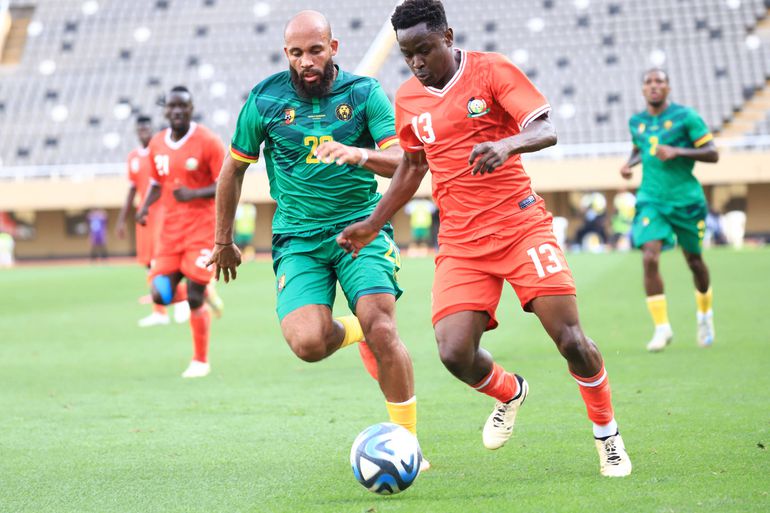Erick Marcelo takes on Cameroon's Brayan Mbeumo in previous fixture for Harambee Stars.