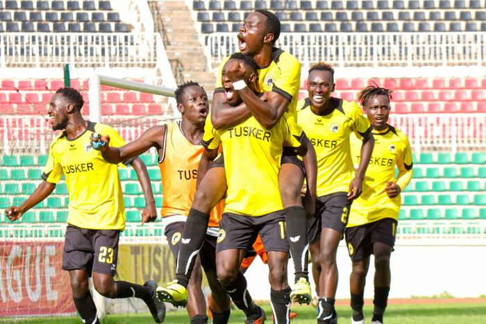 Tusker FC players celebrate goal in FKF PL action.