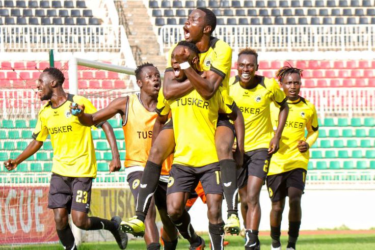 Tusker FC players celebrate goal in FKF PL action.