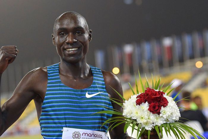 Abel Kipsang celebrates after winning the men s 1,500m race of the Diamond League athletics meeting of 2022 diamond league in Doha