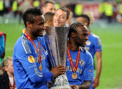 Mikel Obi and Victor Moses with the Europa League title at Chelsea.