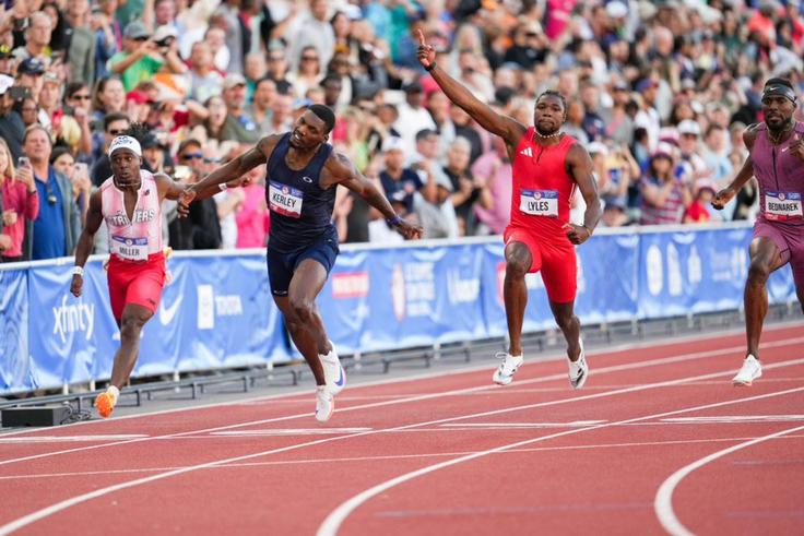 Noah Lyles, Fred Kerley, and Kenny Bednarek.