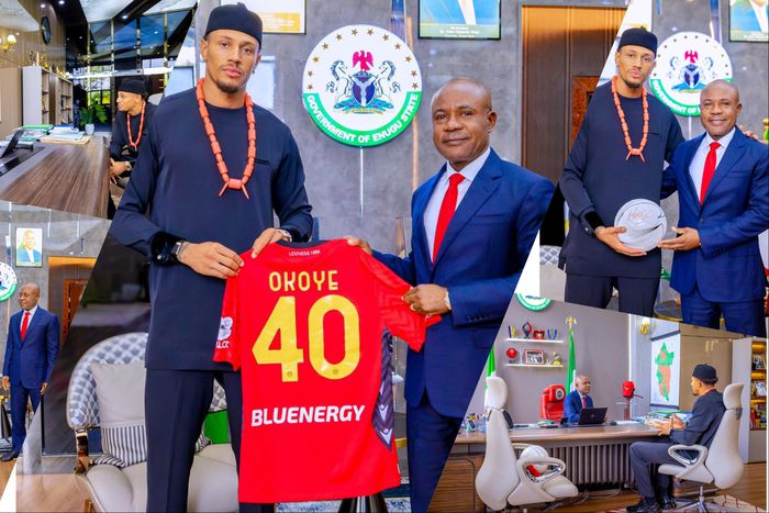 Super Eagles of Nigeria goalkeeper Maduka Okoye gifts Enugu State Governor Peter Ndubuisi Mbah an Udinese Jersey.