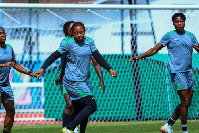 Super Falcons Tochukwu Oluehi and Rasheedat Ajibade of Nigeria train ahead of their match against Brazil at the 2024 Paris Olympics on July 23, 2024 || Image credit: Imago