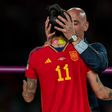 Luis Rubiales kisses Jennifer Hermoso on the lips during the World Cup trophy presentation | Photo Credit: Noe Llamas/SPP/Shutterstock via the Guardian