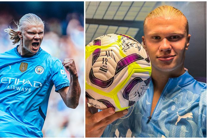 Erling Haaland celebrates his hat-trick.