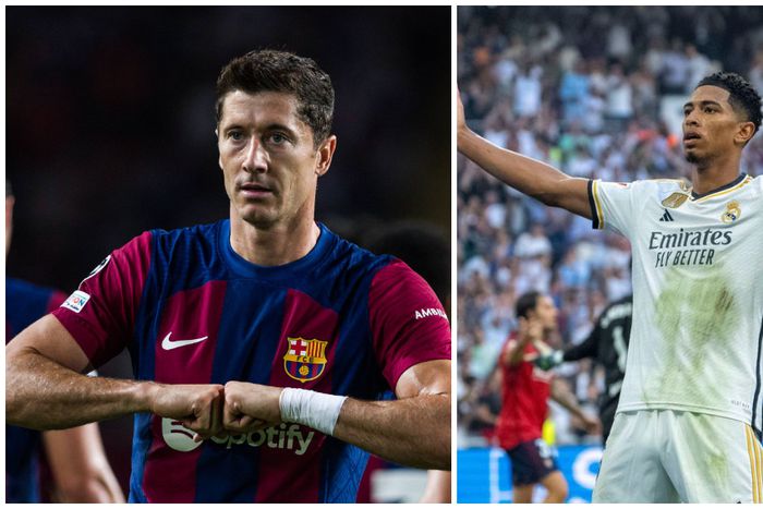 Jude Bellingham (R) currently leads Robert Lewandowski in the race for the Pichichi.