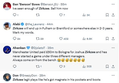 See what Manchester United fans are saying about Joshua Zirkzee after Ruben Amorim's debut for Manchester United ends in a draw against Ipswich.