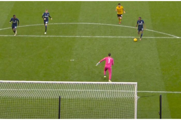 Raheem Sterling ignores his two teammates to go for goal.