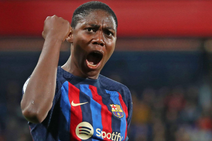 Oshoala celebrates scoring for Barcelona