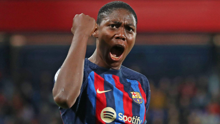 Oshoala celebrates scoring for Barcelona