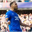 Cyriel Dessers celebrates one of his goals at the Ibrox on Saturday.