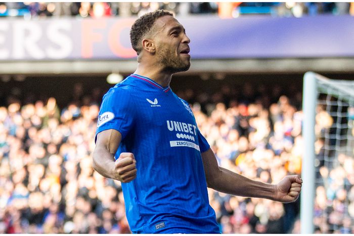 Cyriel Dessers celebrates one of his goals at the Ibrox on Saturday.