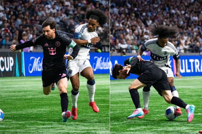 April 24th 2025: Jayden Nelson (7 Vancouver Whitecaps FC) steals the ball from Lionel Messi (10 Inter Miami CF) during the Concacaf Champions Cup Semifinals match between Vancouver Whitecaps FC and Inter Miami CF . (Amy Elle SPP)