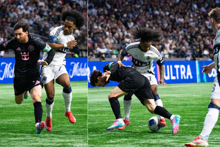 April 24th 2025: Jayden Nelson (7 Vancouver Whitecaps FC) steals the ball from Lionel Messi (10 Inter Miami CF) during the Concacaf Champions Cup Semifinals match between Vancouver Whitecaps FC and Inter Miami CF . (Amy Elle SPP)