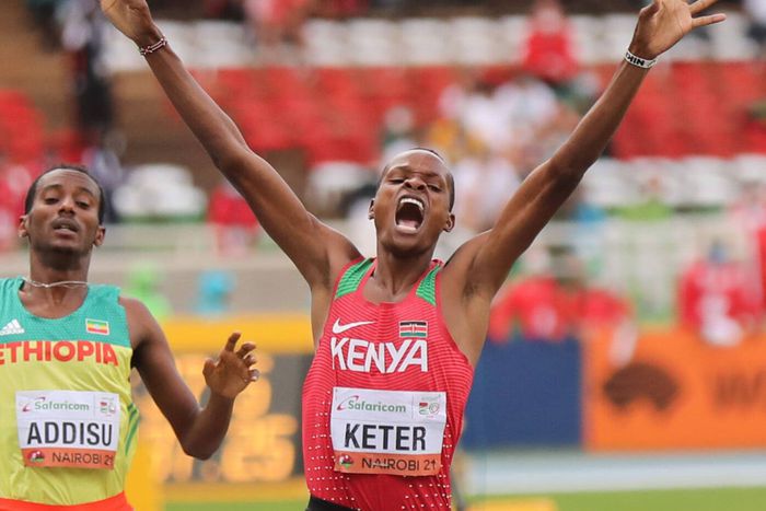 Vincent Kibet Keter (R) celebrates after the men s 1,500m final at the 2021 World Athletics U20 Championships in Nairobi, Kenya.