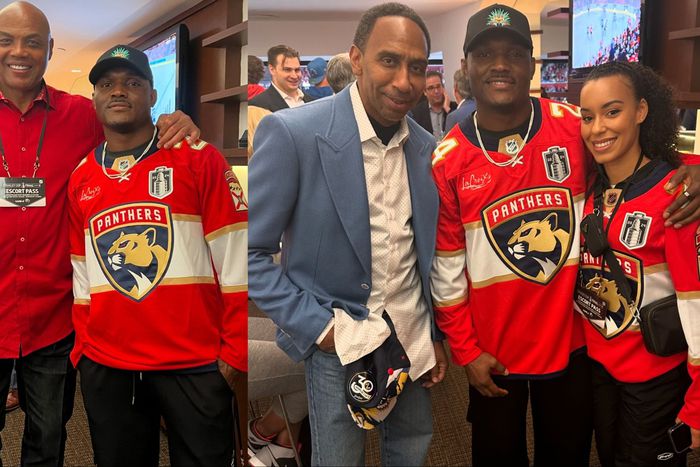 Nigerian Nightmare Kamaru Usman celebrates as the Florida Panthers beat the Edmonton Oilers to win the 2024 NHL Stanley Cup.