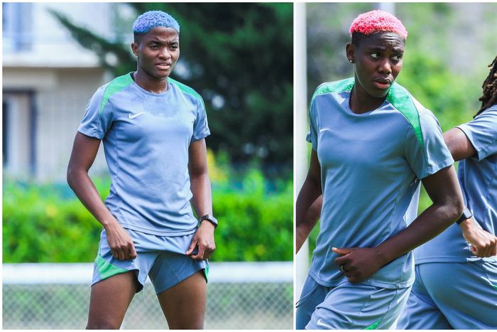 Rasheedat Ajibade (left), Asisat Oshoala (middle) and Jennifer Echegini (right) in training. (Photo Credit: Super Falcons/X)