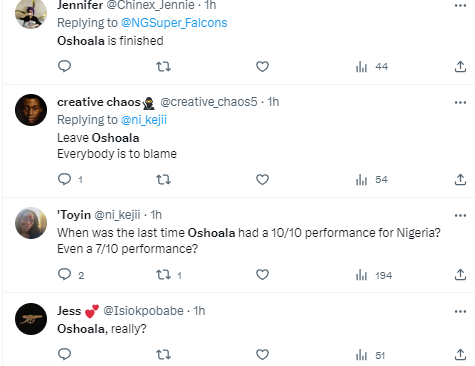 There was criticism for Oshoala a  five-time women's footballer of the year stating she had no impact as the Super Falcons of Nigeria played a 1-1 draw with Ethiopia.