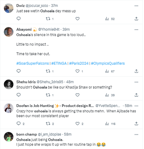 There was criticism for Oshoala a  five-time women's footballer of the year stating she had no impact as the Super Falcons of Nigeria played a 1-1 draw with Ethiopia.