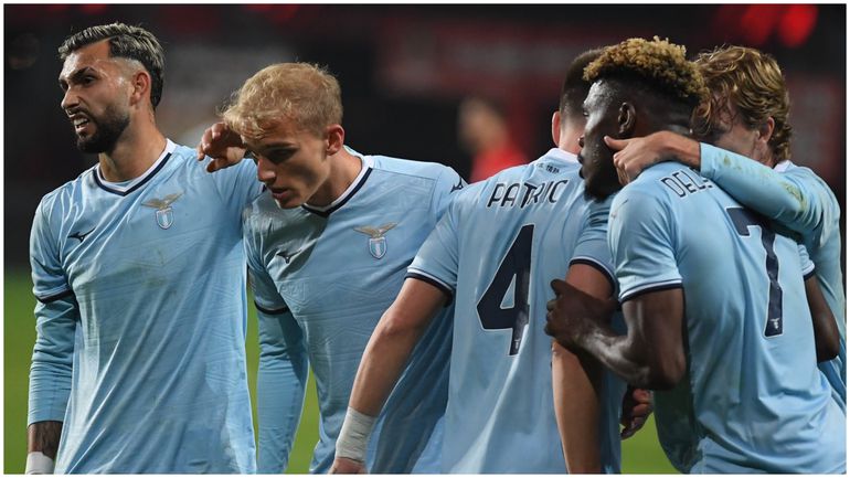 Nigeria's Fisayo Dele-Bashiru with his Lazio teammates celebrate against Twente.