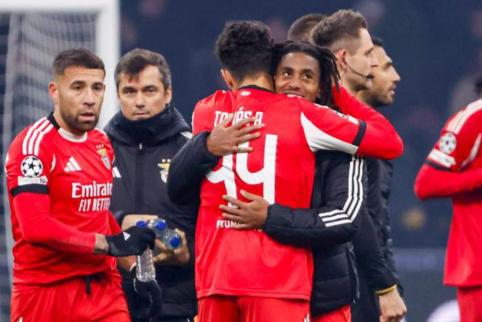 Leandro Barreiro of Benfica celebrates with Tomas Araujo of Benfica after the final whistle AFC Ajax v SL Benfica || Image credit: Imago