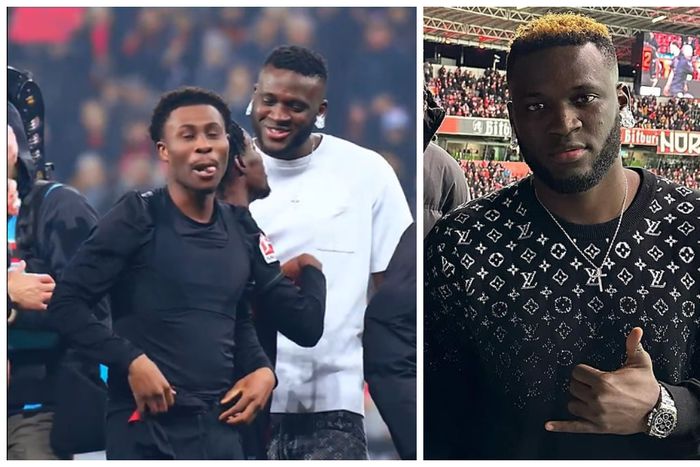 Victor Boniface was at the BayArena to celebrate a historic night with his Leverkusen teammates.