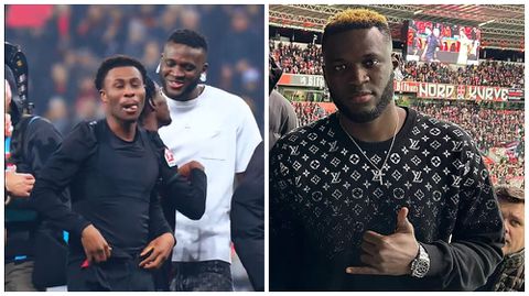 Which Nigerian celeb was at Leverkusen to celebrate with new king, Boniface?